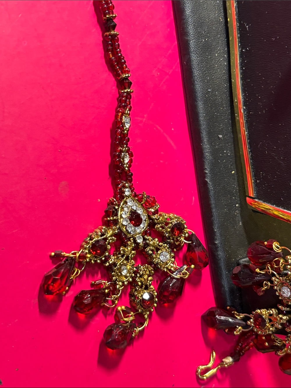 Gold and Ruby Red Statement Necklace Set - Women Jewelry - Picture 3 of 4
